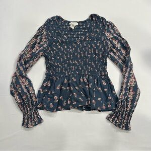 Japna XS Blur Floral Smocked Peplum Blouse Boho Cottagecore Top